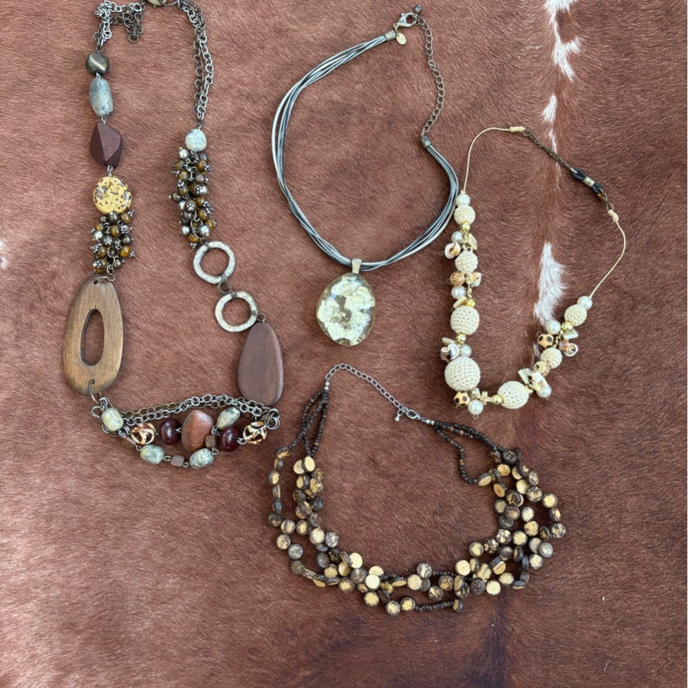 Set of 4 Brown Cream Gold Beaded Necklaces